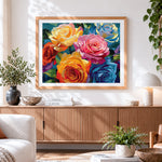 Finished colourful modern roses paint by numbers artwork displayed as home decor