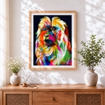 Finished colourful monkey in the dark cross stitch artwork displayed