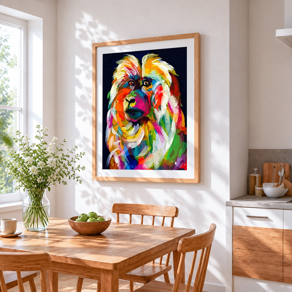 Colourful monkey in the dark cross stitch artwork displayed on wall as home decor