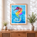 Finished colourful mosaic seahorse cross stitch artwork displayed