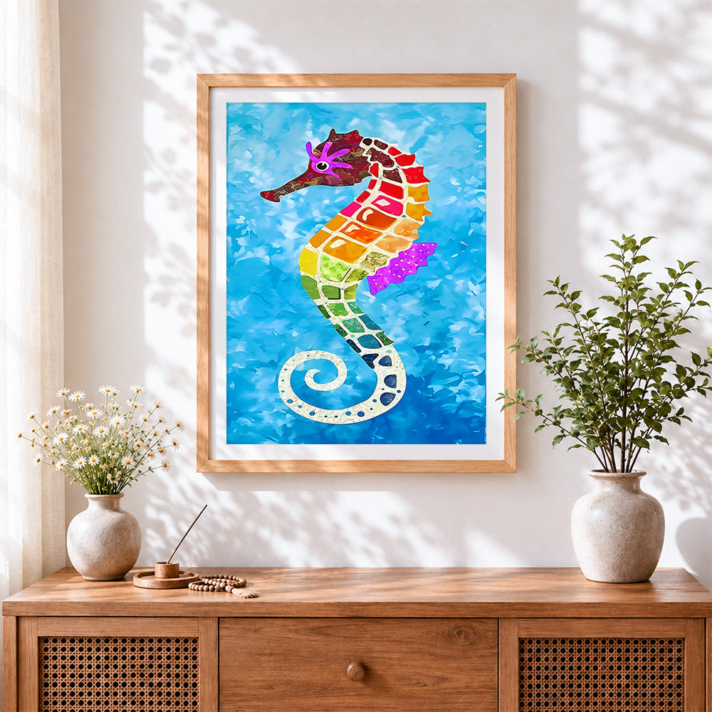Finished colourful mosaic seahorse cross stitch artwork displayed