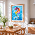 Colourful mosaic seahorse cross stitch artwork displayed on wall as home decor