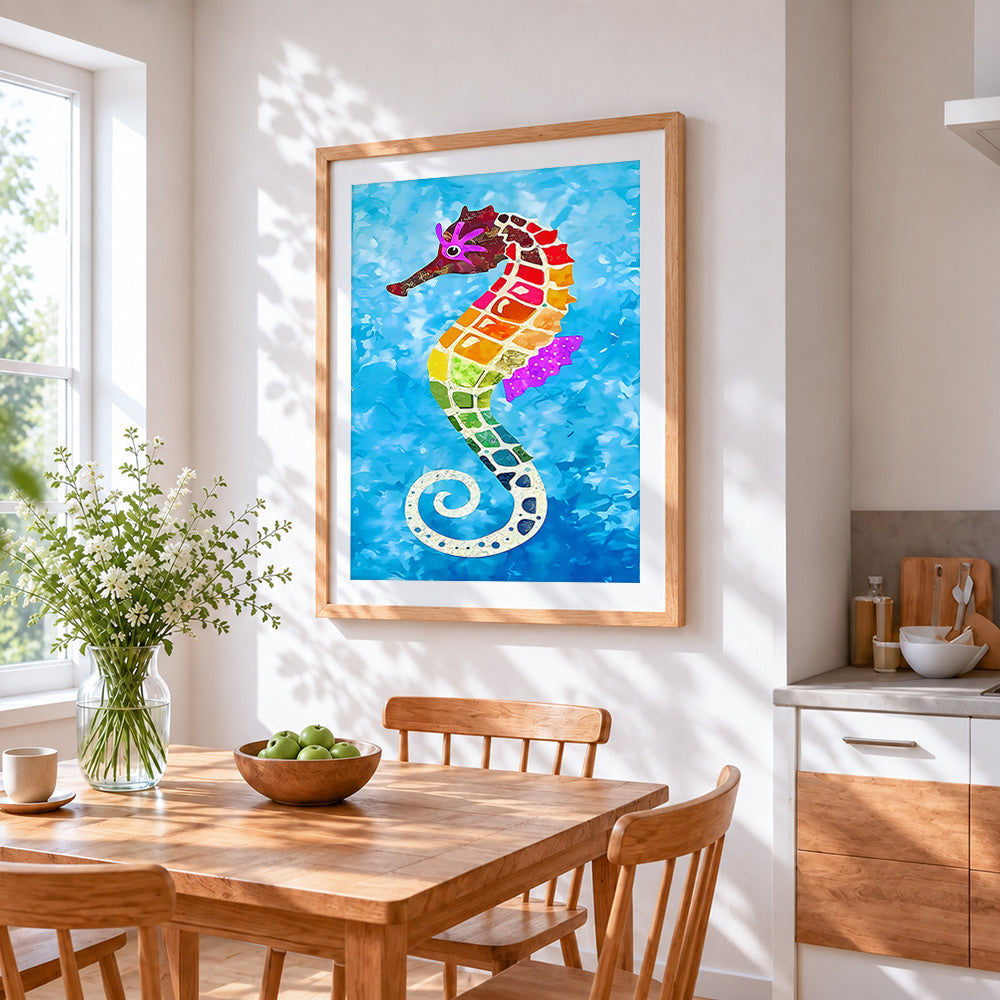 Colourful mosaic seahorse cross stitch artwork displayed on wall as home decor