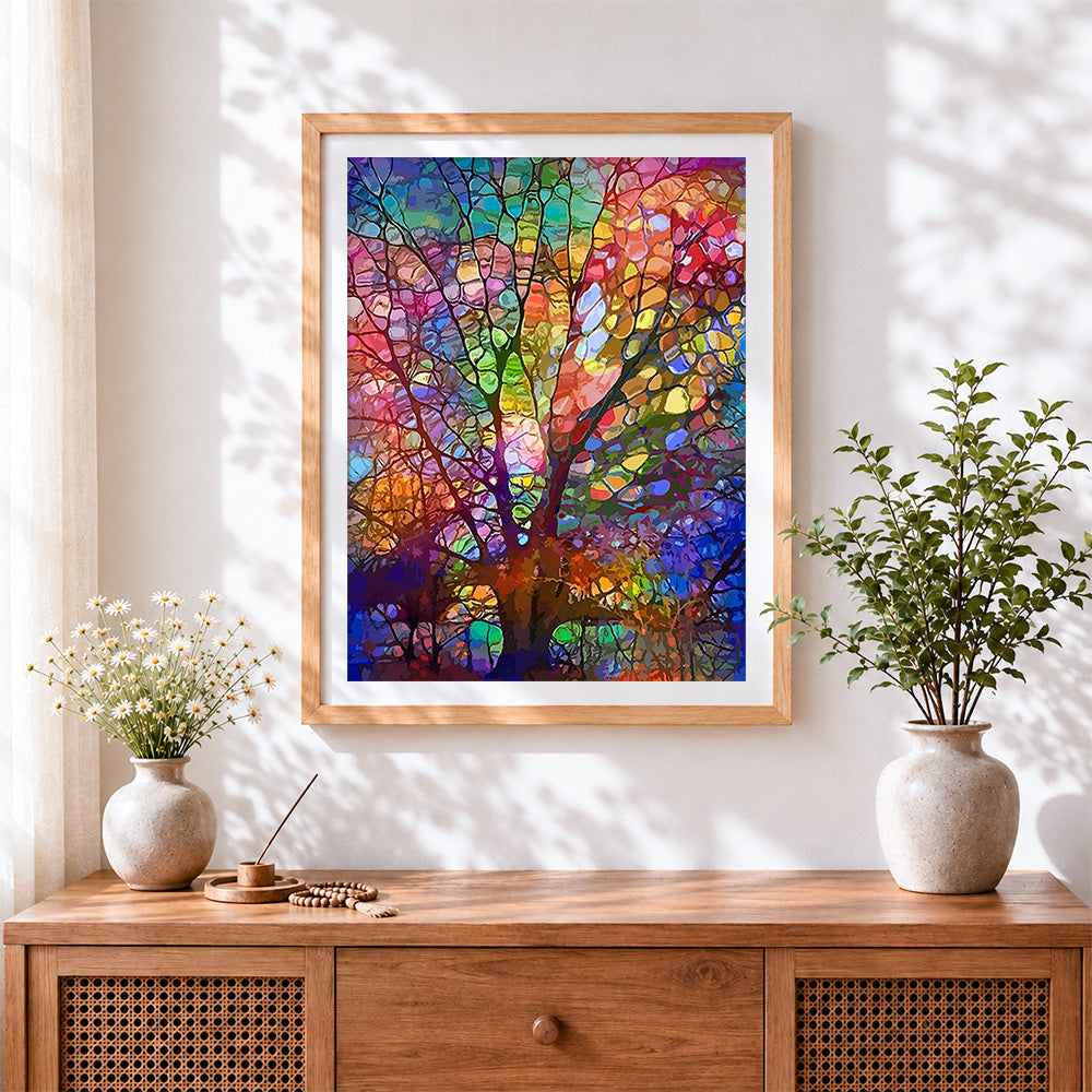 Finished colourful mosaic tree cross stitch artwork displayed