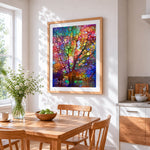 Colourful mosaic tree cross stitch artwork displayed on wall as home decor