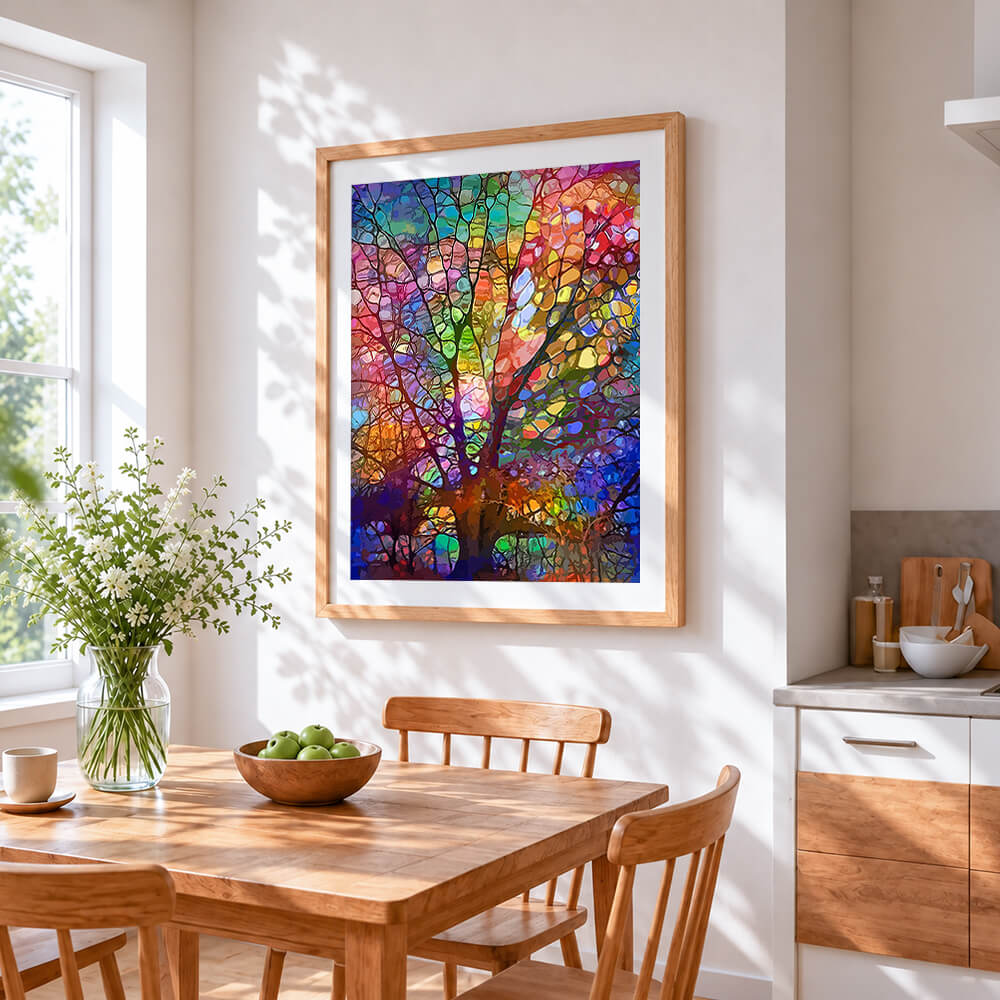 Colourful mosaic tree cross stitch artwork displayed on wall as home decor