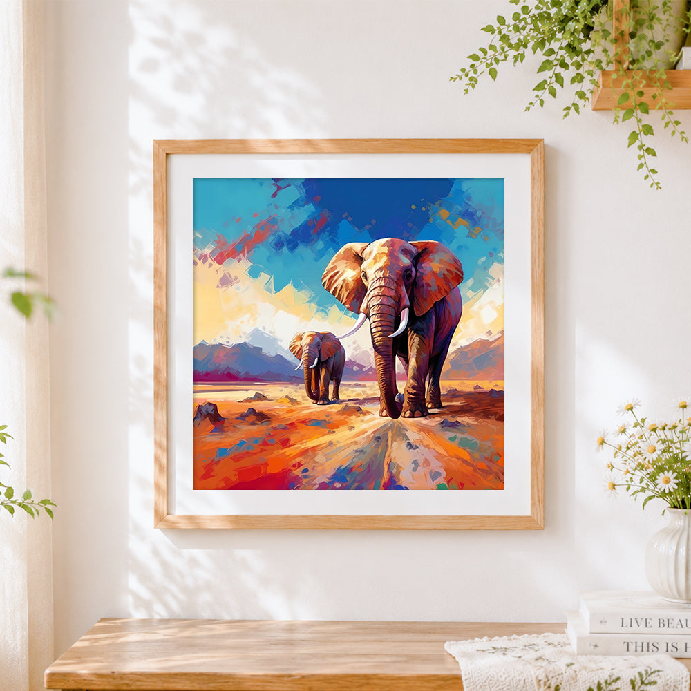 Finished colourful mother elephant and her calf cross stitch artwork displayed