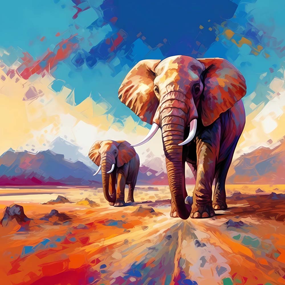Colourful mother elephant and her calf cross stitch kit for beginners