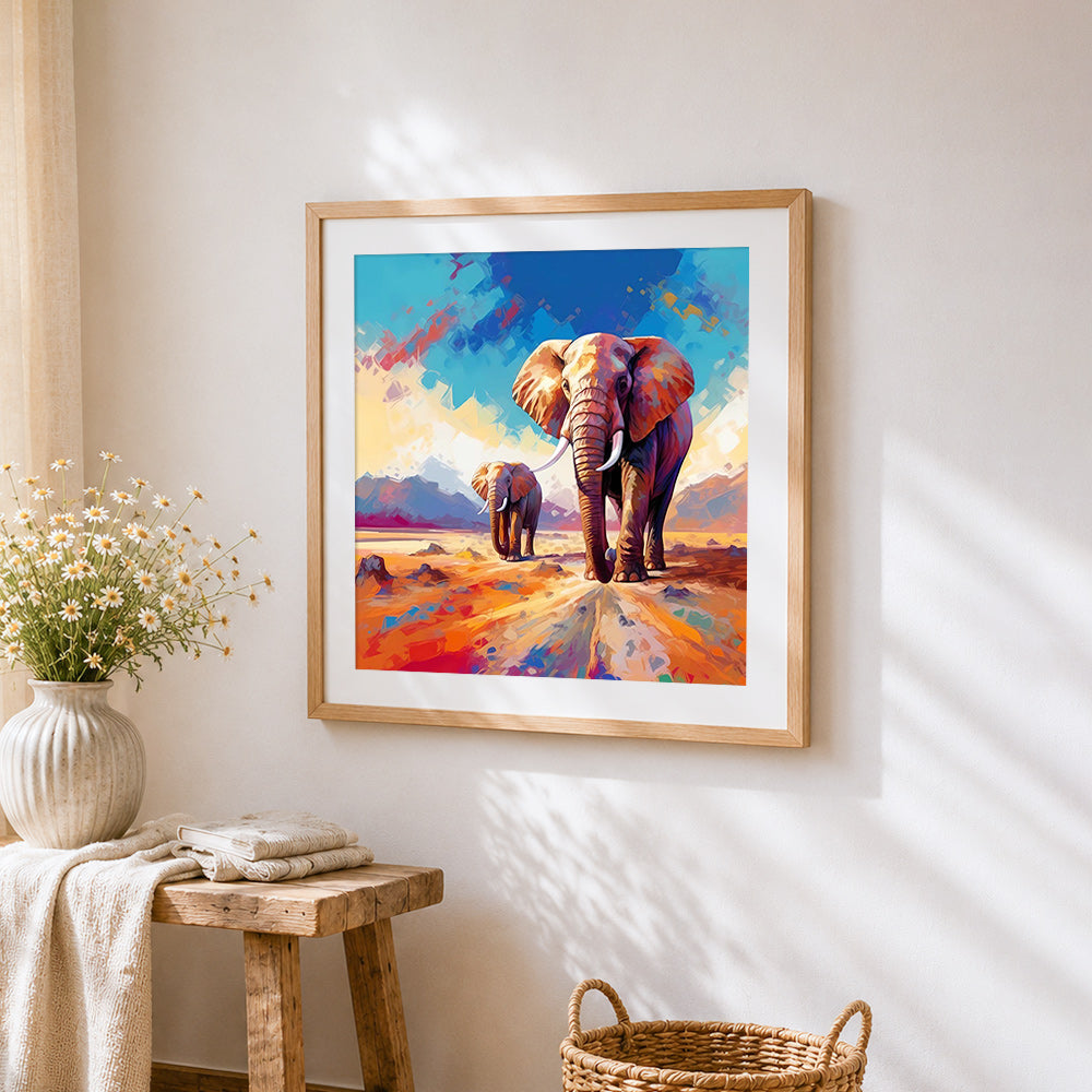 Colourful mother elephant and her calf cross stitch artwork displayed on wall as home decor