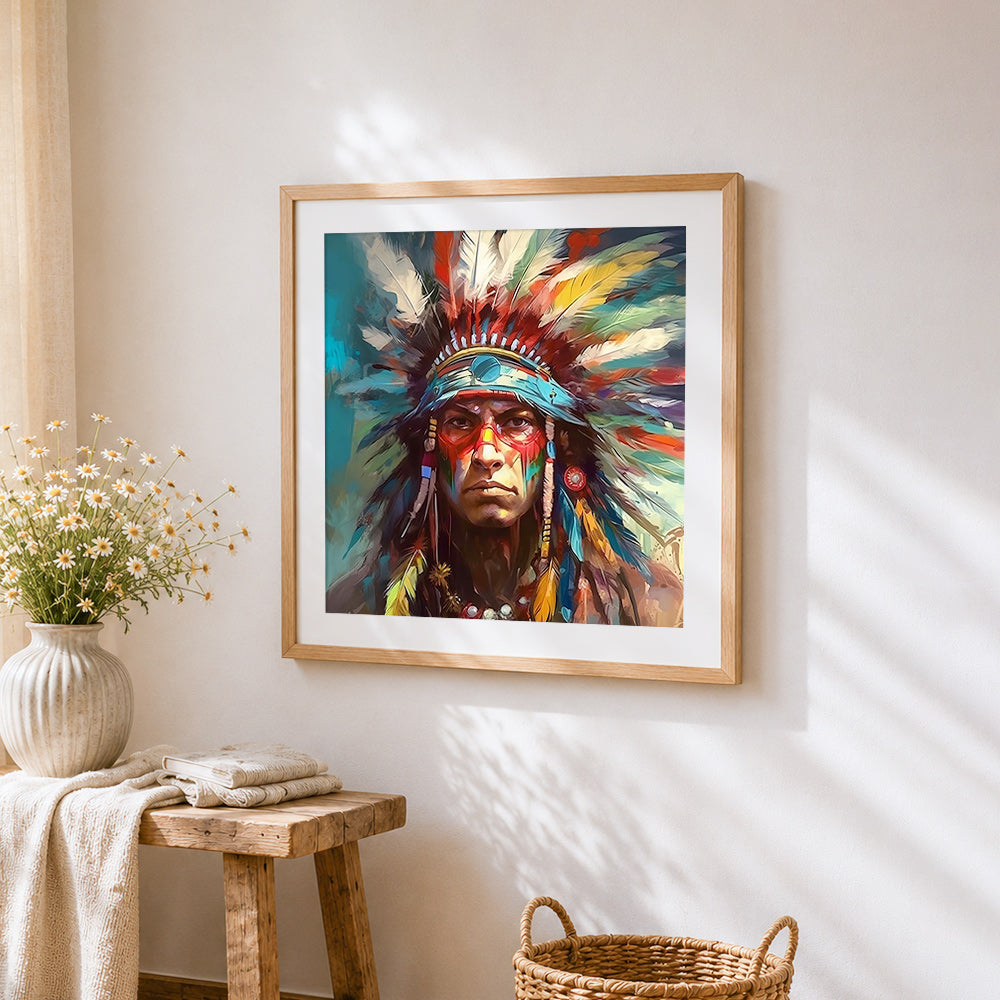 Colourful native american chief cross stitch artwork displayed on wall as home decor