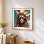 Colourful native american chief cross stitch artwork displayed on wall as home decor