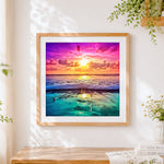 Finished colourful ocean waves at sunset cross stitch artwork displayed