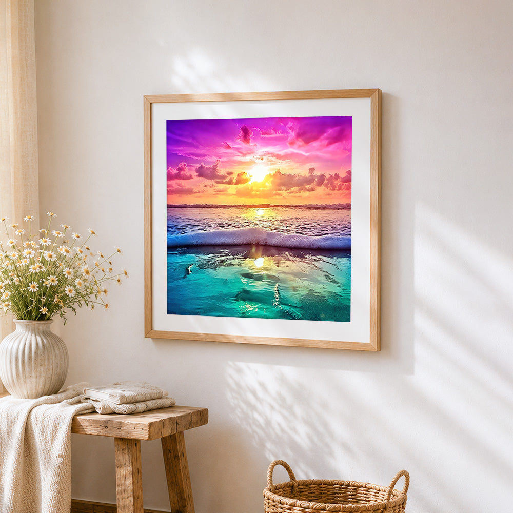 Colourful ocean waves at sunset cross stitch artwork displayed on wall as home decor