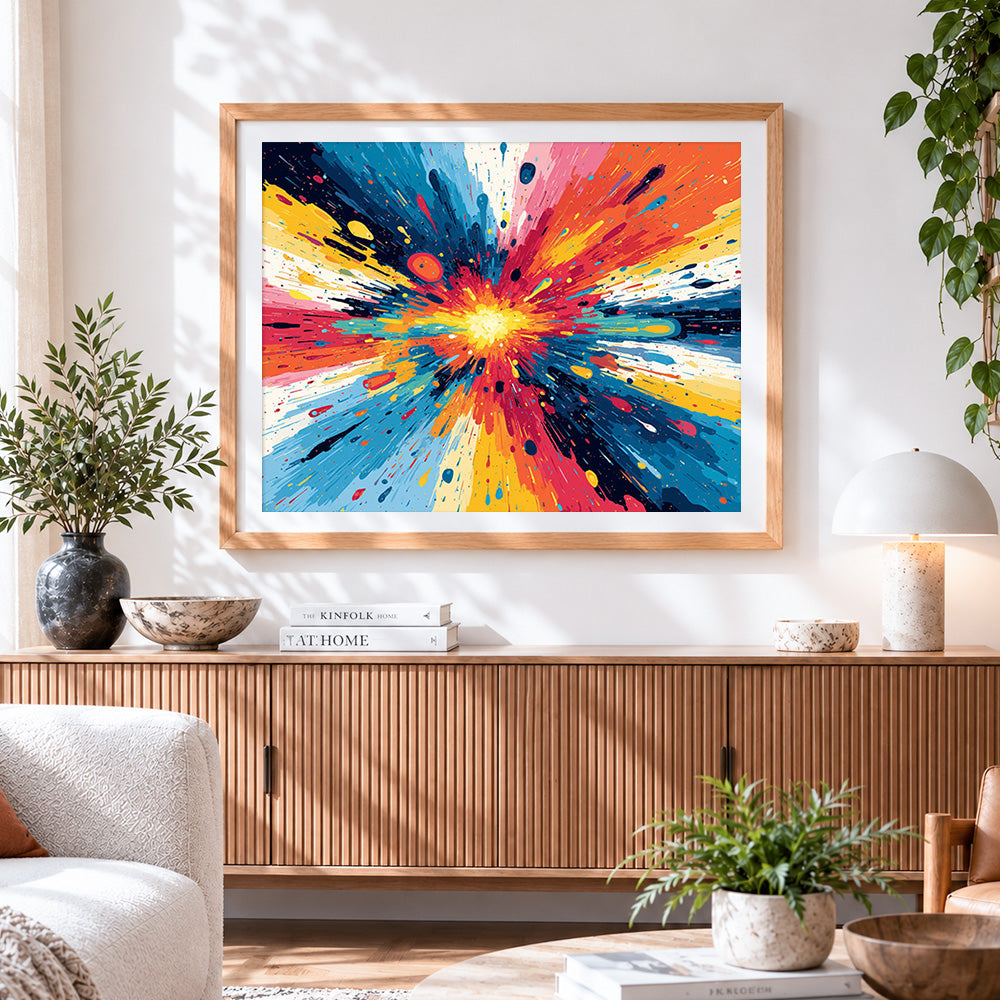 Finished colourful paint splash cross stitch artwork displayed
