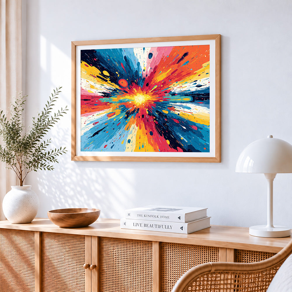 Colourful paint splash paint by numbers artwork displayed on wall as home decor