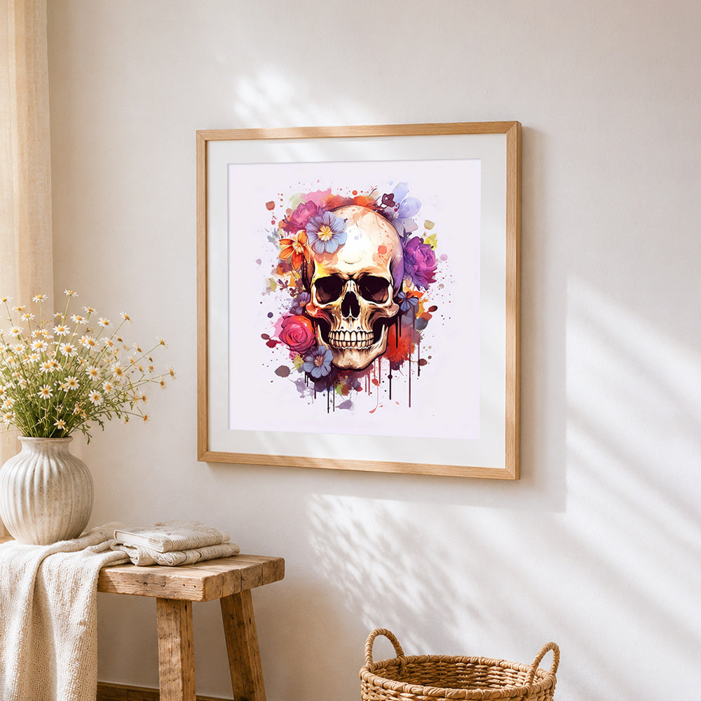 Colourful paint splatter floral skull cross stitch artwork displayed on wall as home decor