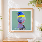 Finished colourful painted bunting bird cross stitch artwork displayed
