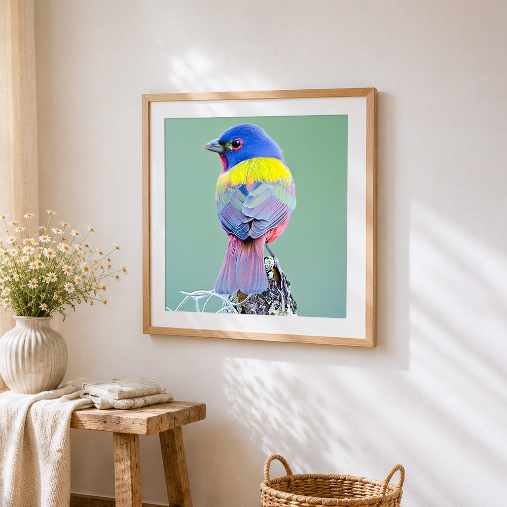 Colourful painted bunting bird cross stitch artwork displayed on wall as home decor