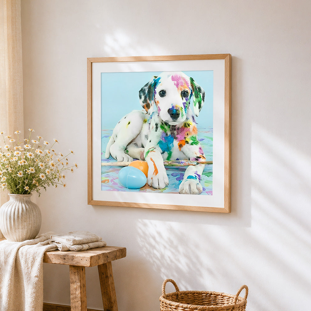 Colourful painted dalmatian puppy paint by numbers artwork displayed on wall as home decor