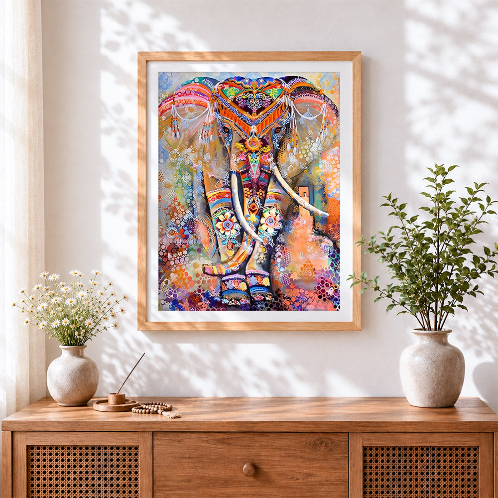 Finished colourful painted indian elephant cross stitch artwork displayed