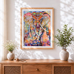 Finished colourful painted indian elephant cross stitch artwork displayed