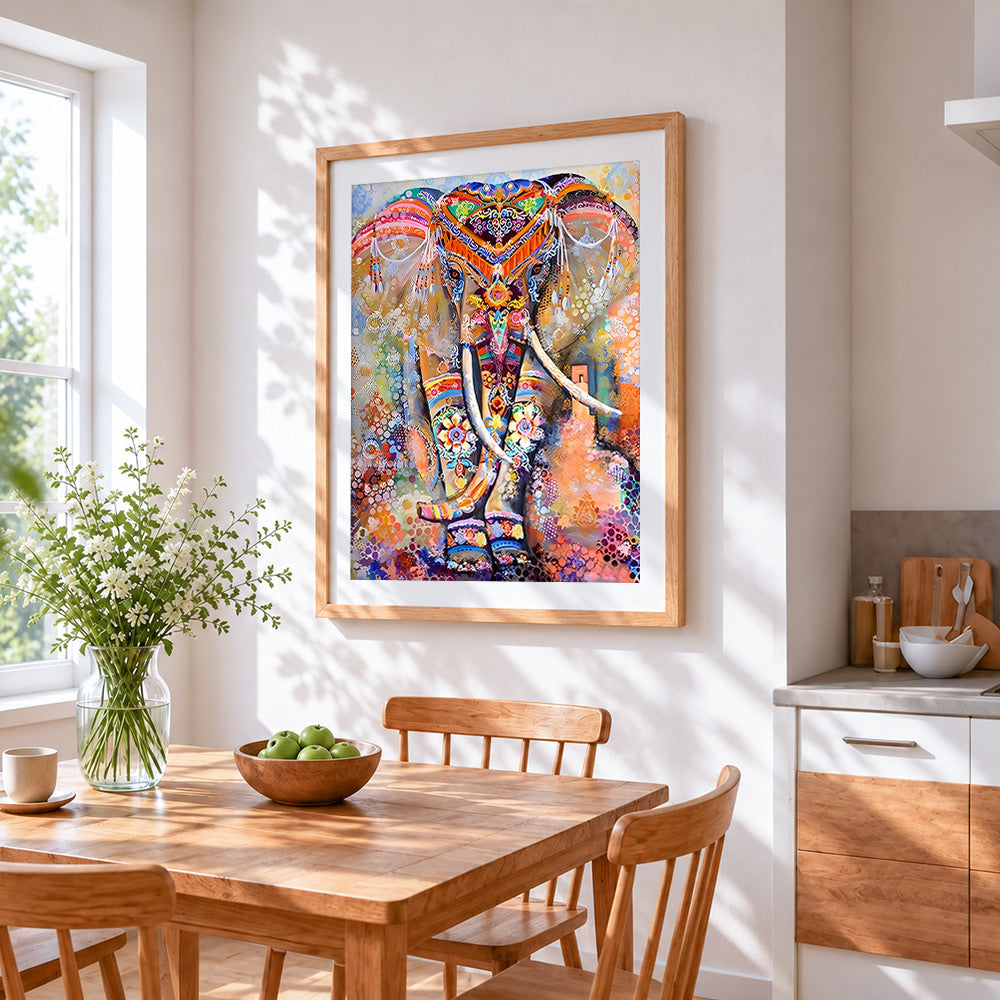 Colourful painted indian elephant cross stitch artwork displayed on wall as home decor