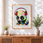 Finished colourful panda with headphones cross stitch artwork displayed