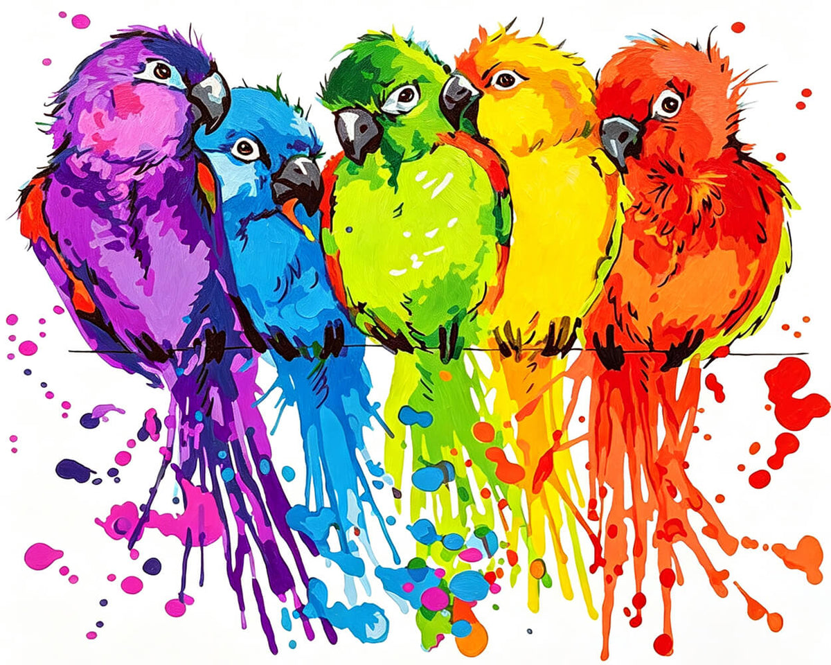 Colourful parrots splatter art cross stitch kit for beginners