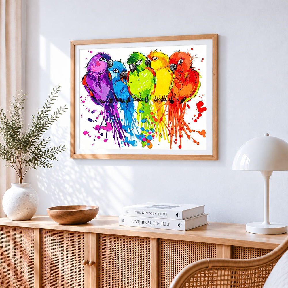 Colourful parrots splatter art cross stitch artwork displayed on wall as home decor