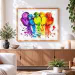 Finished colourful parrots splatter art paint by numbers artwork displayed as home decor
