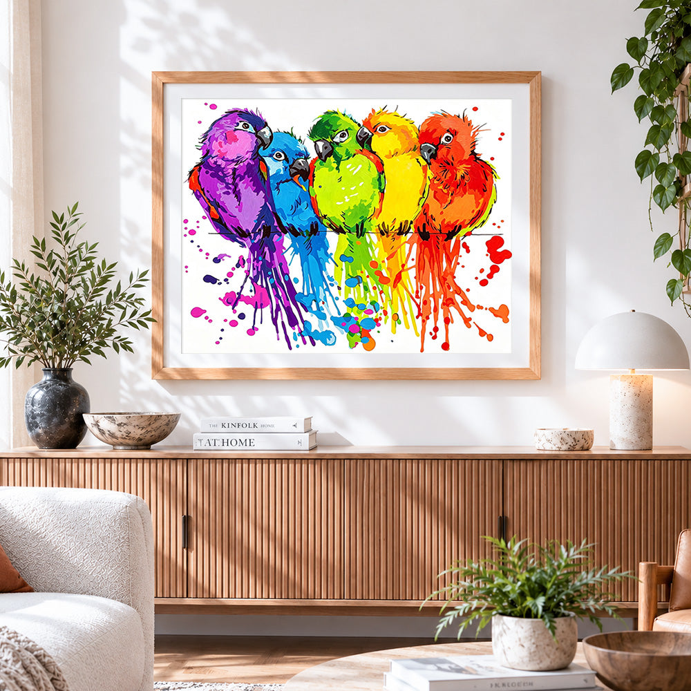 Finished colourful parrots splatter art paint by numbers artwork displayed as home decor