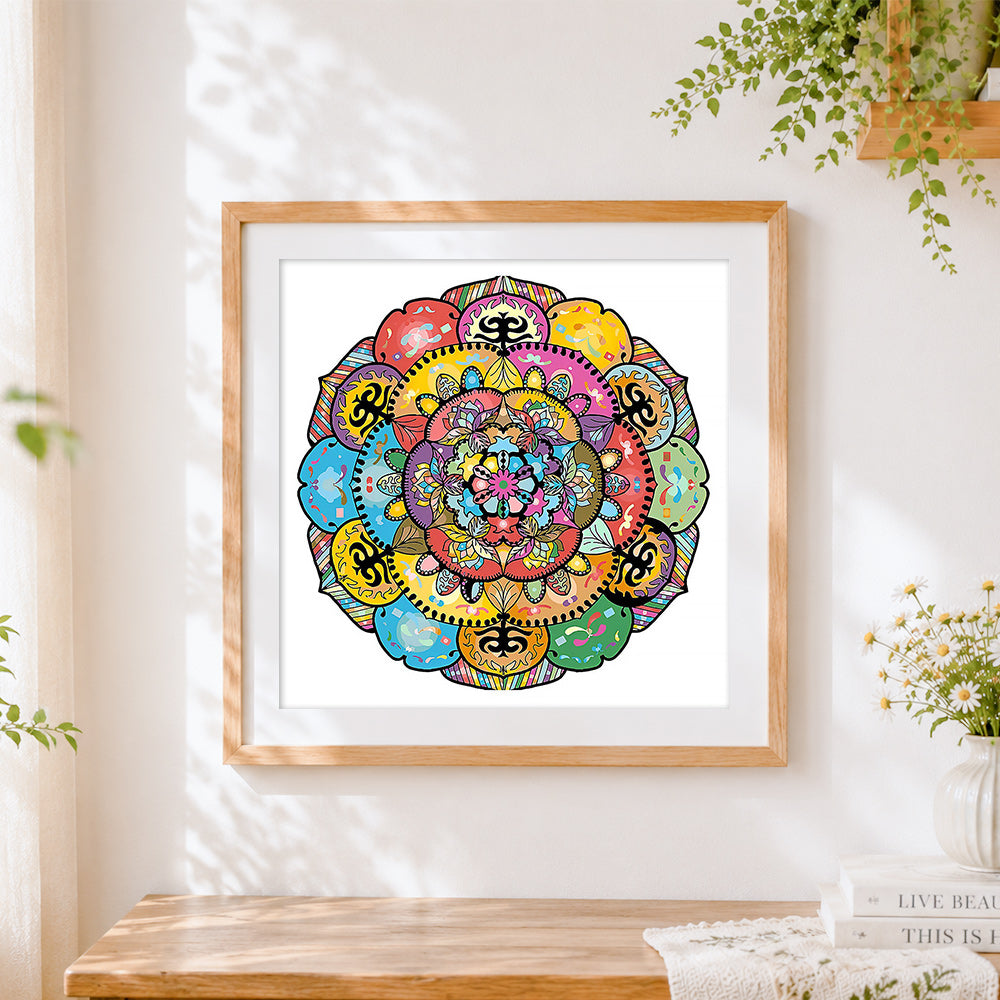 Finished colourful patchwork style mandala cross stitch artwork displayed