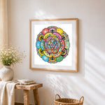 Colourful patchwork style mandala cross stitch artwork displayed on wall as home decor