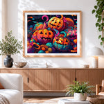 Finished colourful patterned pumpkins cross stitch artwork displayed