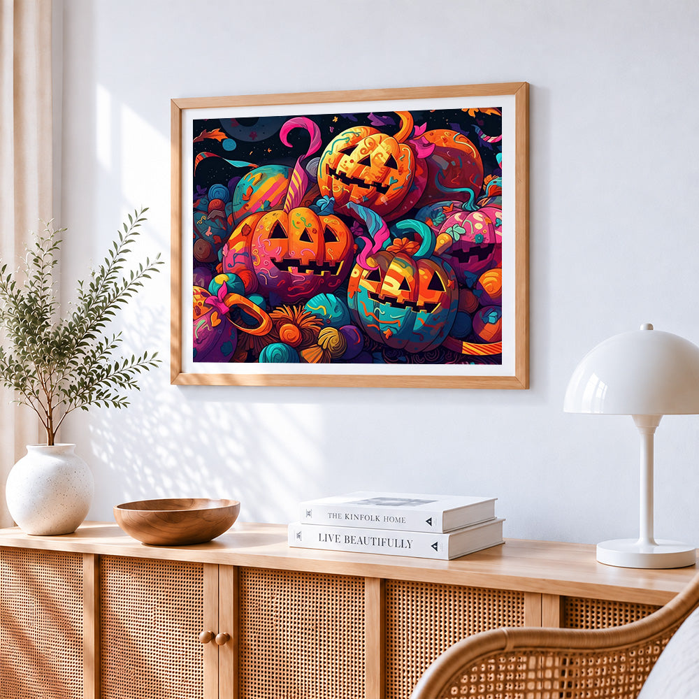 Colourful patterned pumpkins cross stitch artwork displayed on wall as home decor