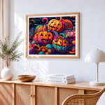 Colourful patterned pumpkins paint by numbers artwork displayed on wall as home decor