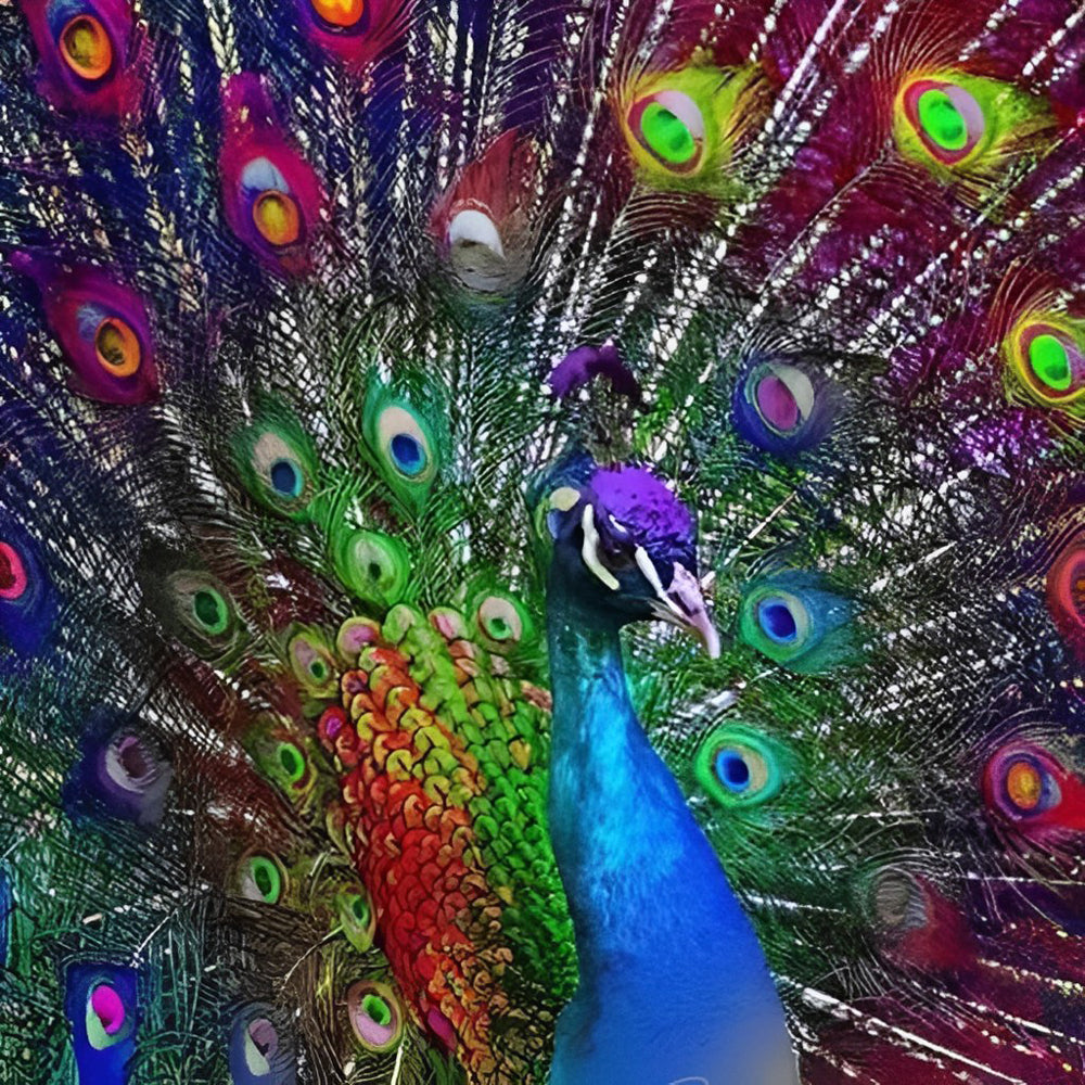 Colourful peacock with rainbow feathers cross stitch kit for beginners