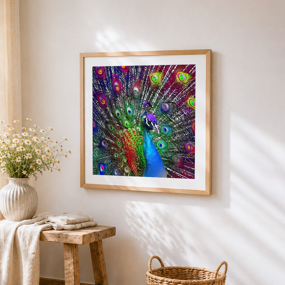 Colourful peacock with rainbow feathers cross stitch artwork displayed on wall as home decor