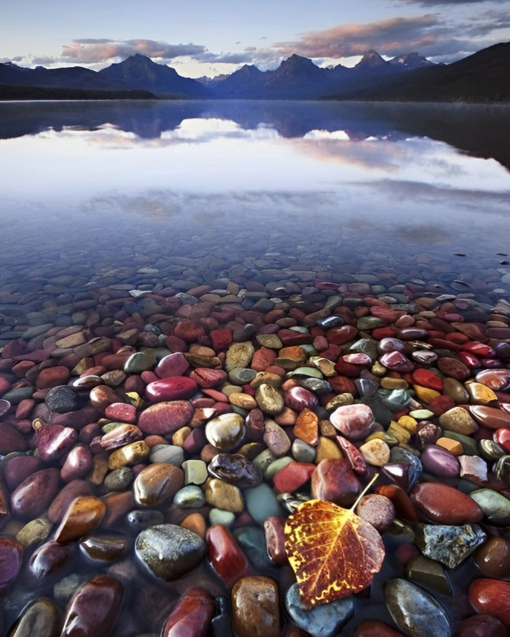 Colourful pebbles and autumn leaf in clear water cross stitch kit for beginners