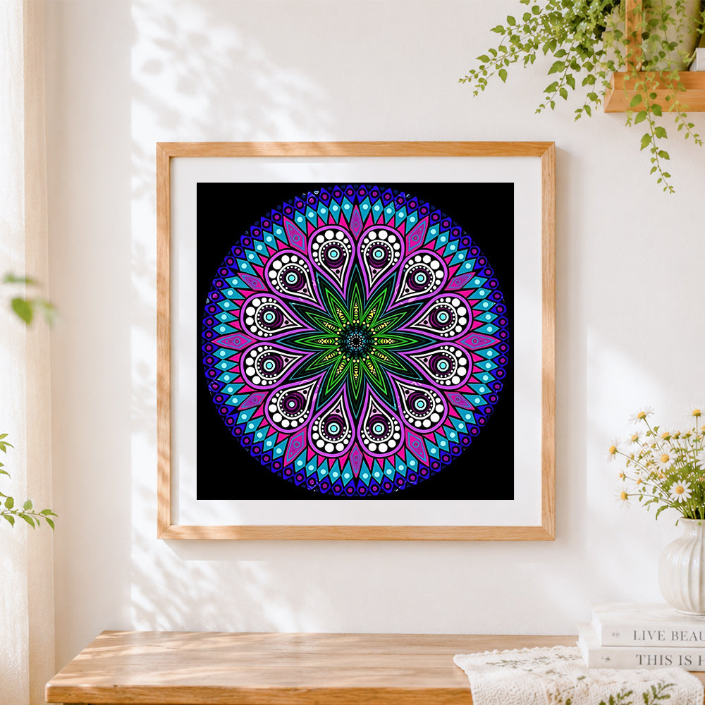 Finished colourful petal mandala cross stitch artwork displayed