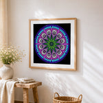 Colourful petal mandala cross stitch artwork displayed on wall as home decor