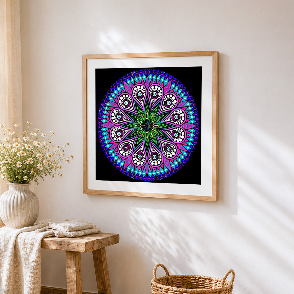 Colourful petal mandala cross stitch artwork displayed on wall as home decor