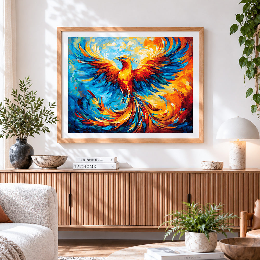Finished colourful phoenix rising cross stitch artwork displayed