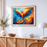 Colourful phoenix rising cross stitch artwork displayed on wall as home decor