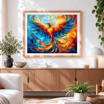 Finished colourful phoenix rising paint by numbers artwork displayed as home decor