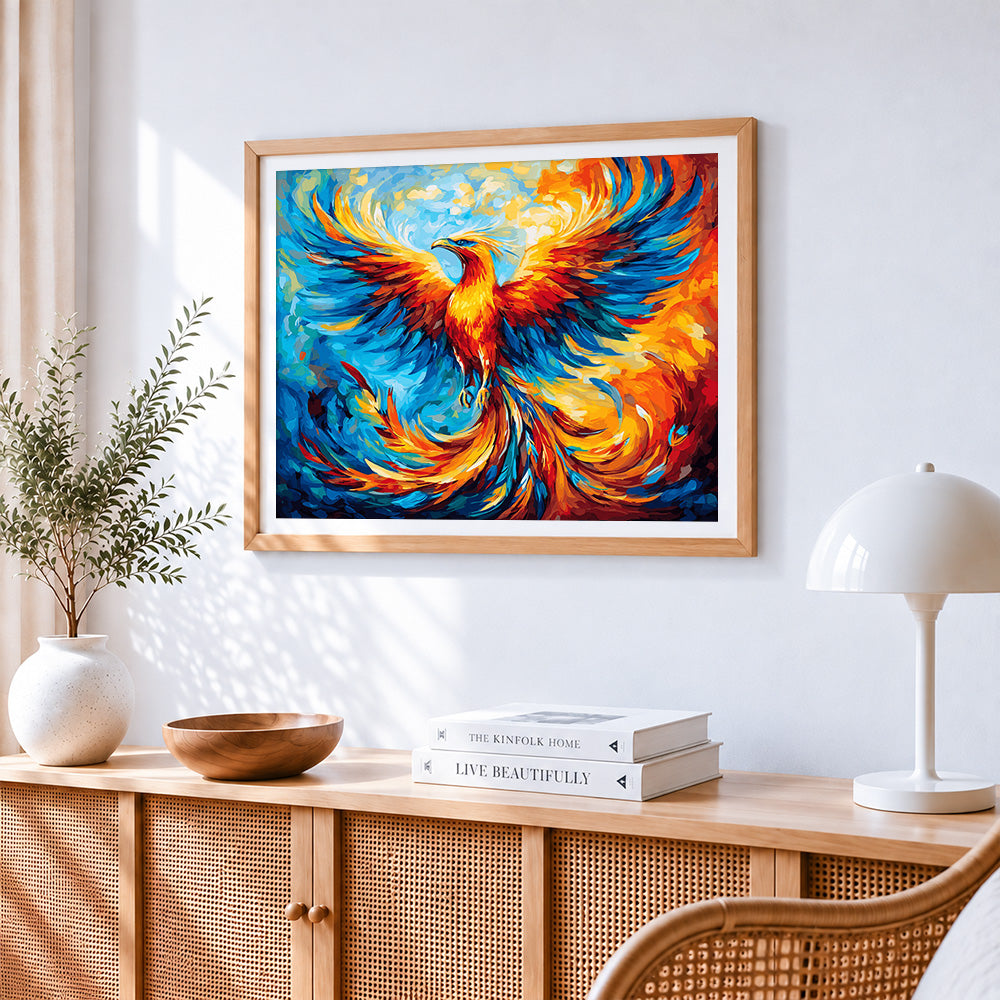 Colourful phoenix rising paint by numbers artwork displayed on wall as home decor