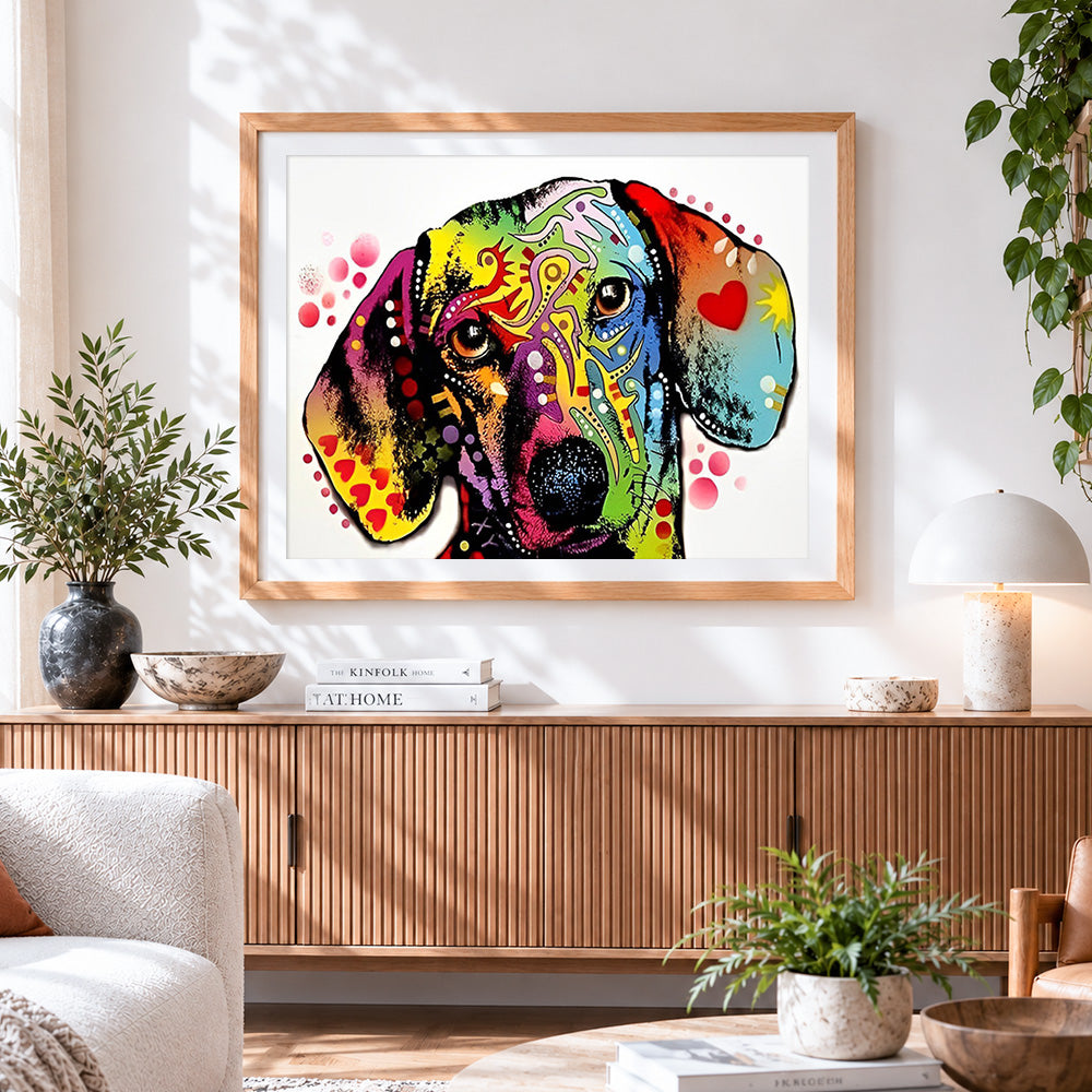 Finished colourful pop art beagle portrait cross stitch artwork displayed