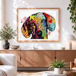 Finished colourful pop art beagle portrait cross stitch artwork displayed