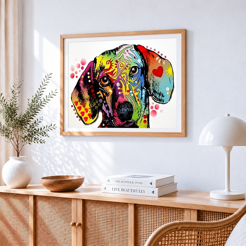 Colourful pop art beagle portrait cross stitch artwork displayed on wall as home decor