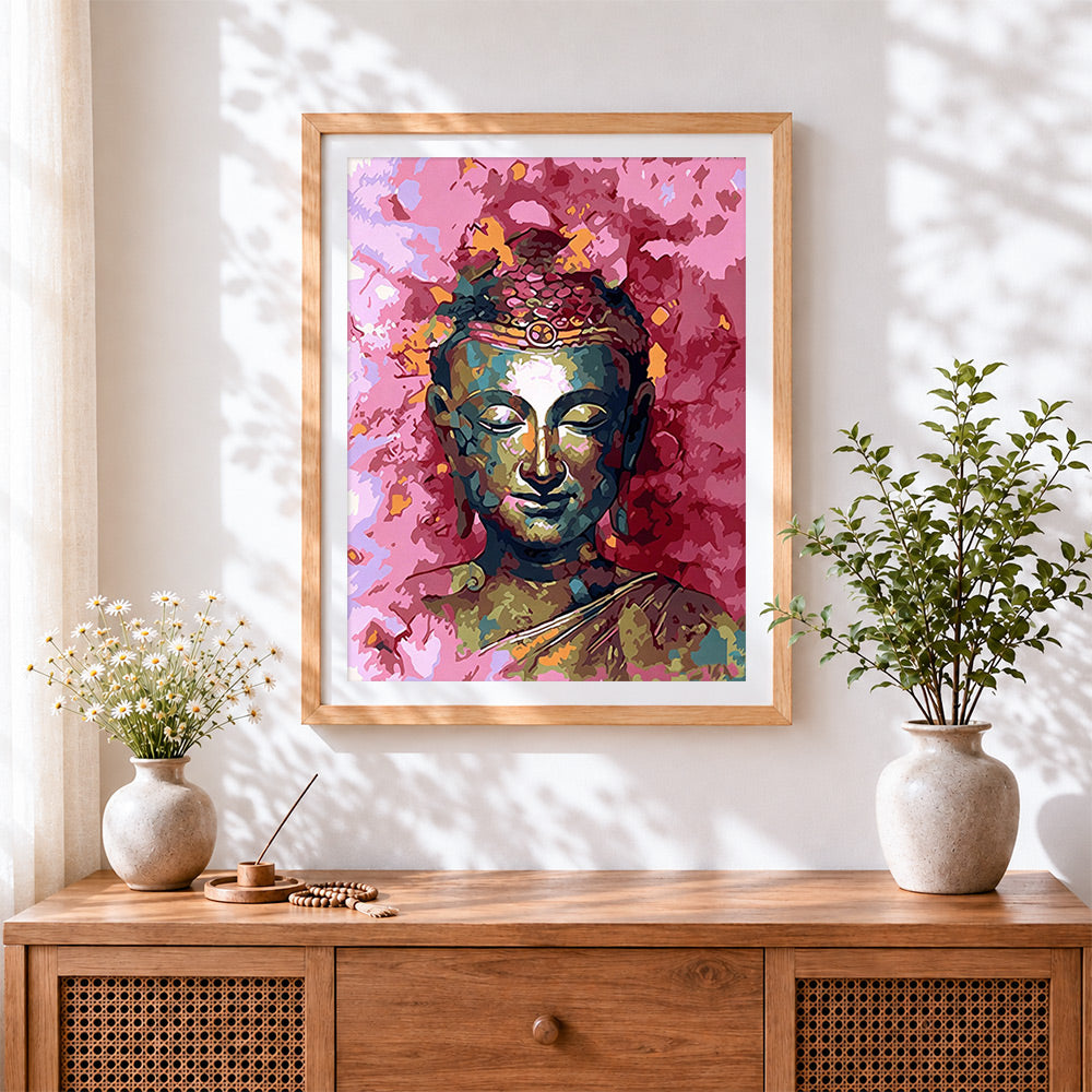 Finished colourful pop art buddha portrait cross stitch artwork displayed